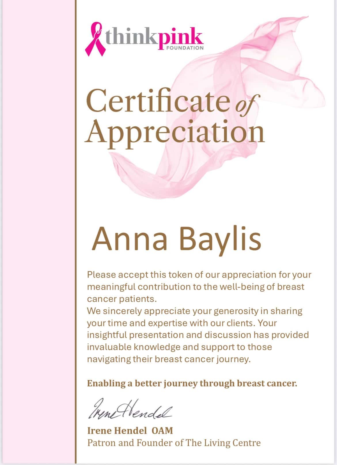 Certificate of appreciation awarded to Anna Baylis